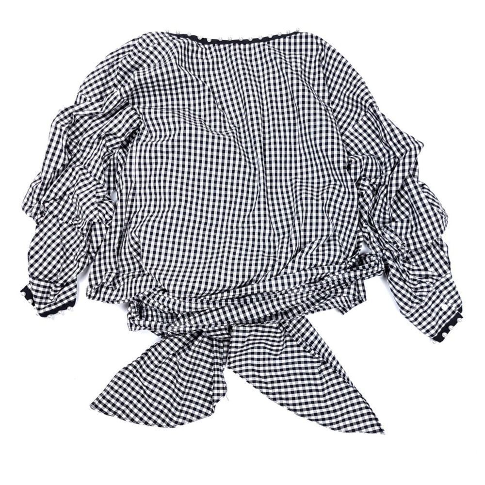 ZARA Pearl Ruched Reversible Wrap Top Black White Gingham French Girl Preppy - Picture 2 of 6
